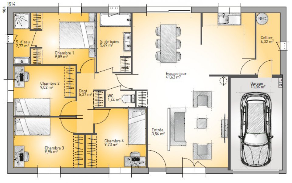 Plan de maison basse 2 chambres
