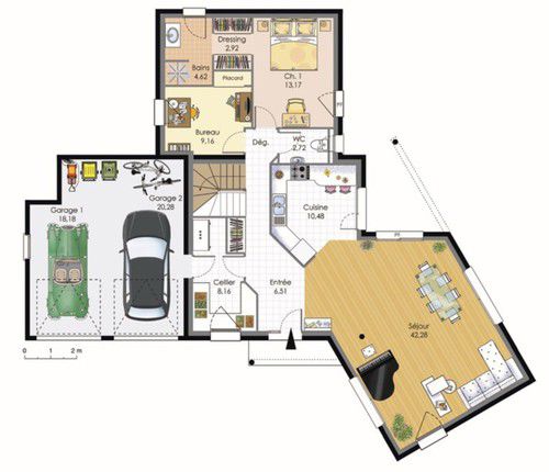Plan de maison plain pieds 3 chambres