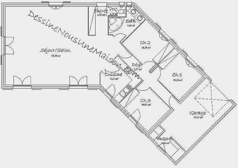 Plan de maison en v plain pied 2 chambres