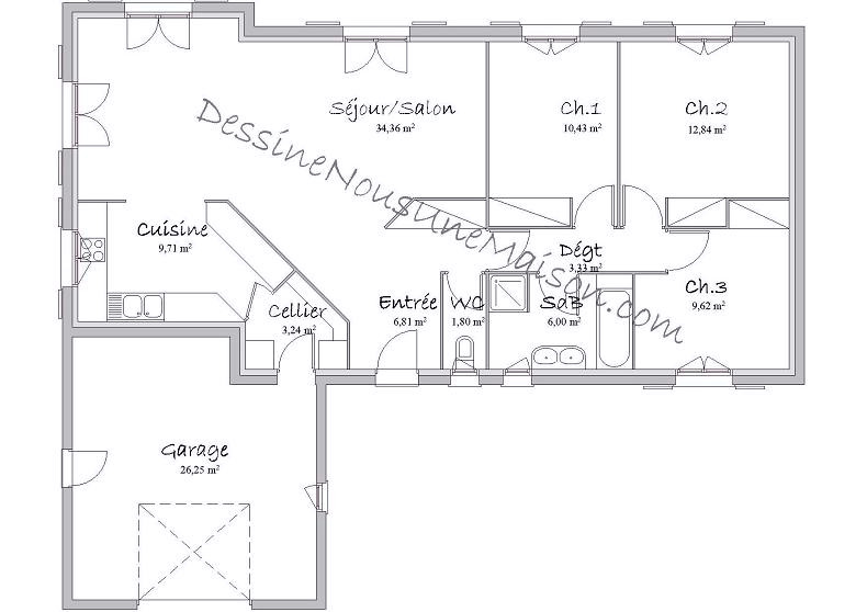 Plan de maison plain pied 3 chambres 110m2 - Idées de travaux