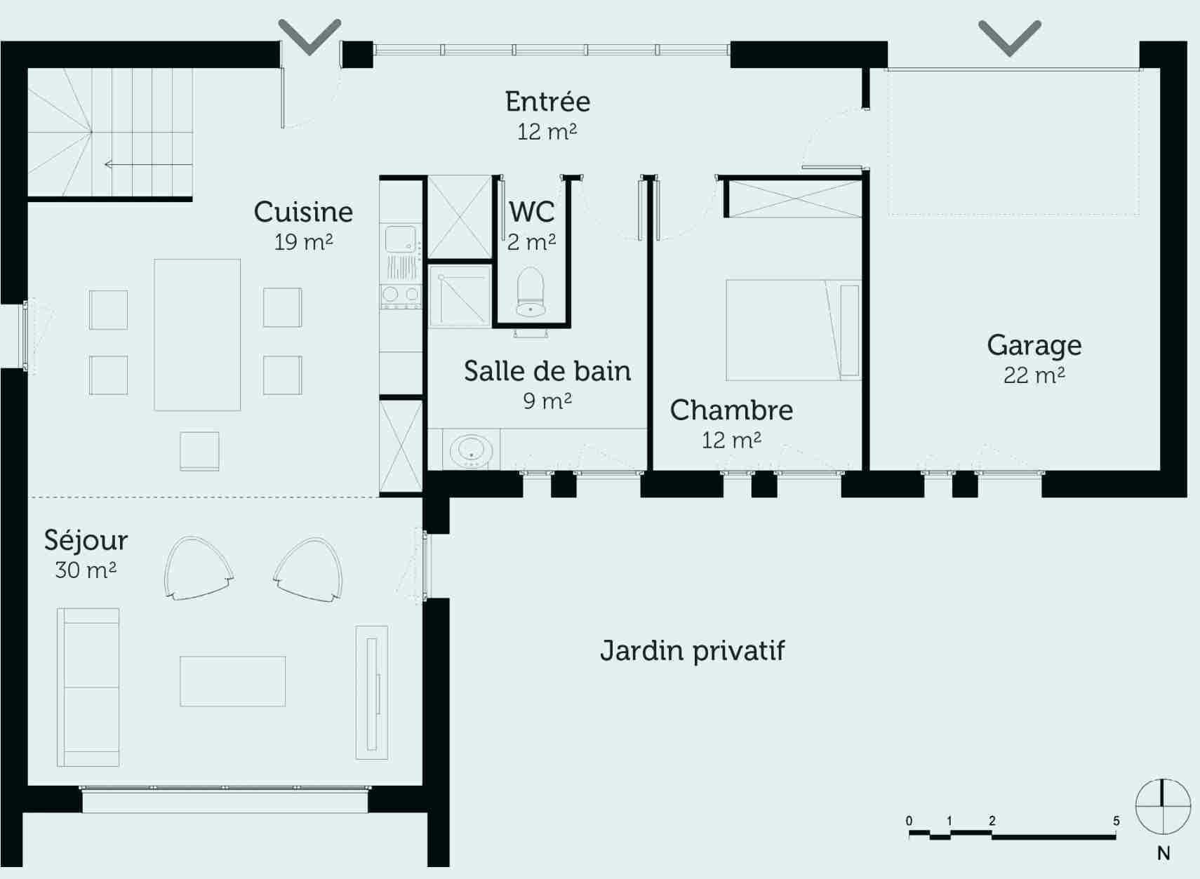Plan maison en v avec mezzanine