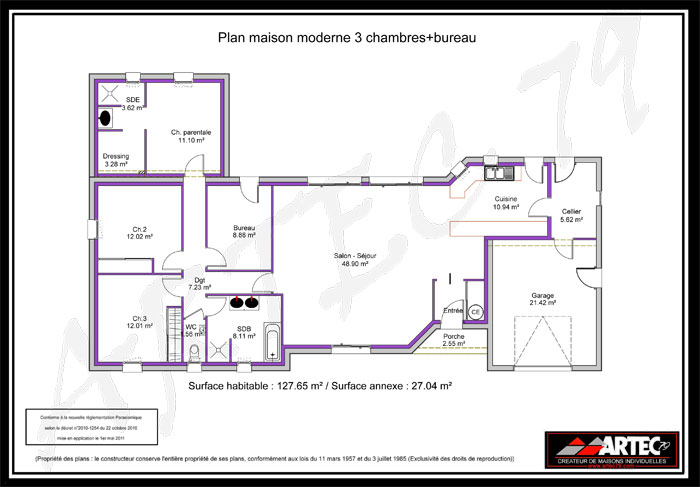 Plan de maison 3 chambres 1 bureau