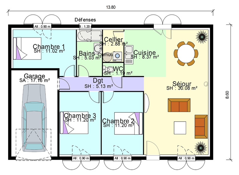 Plan de maison 3 chambres salon cuisine douche