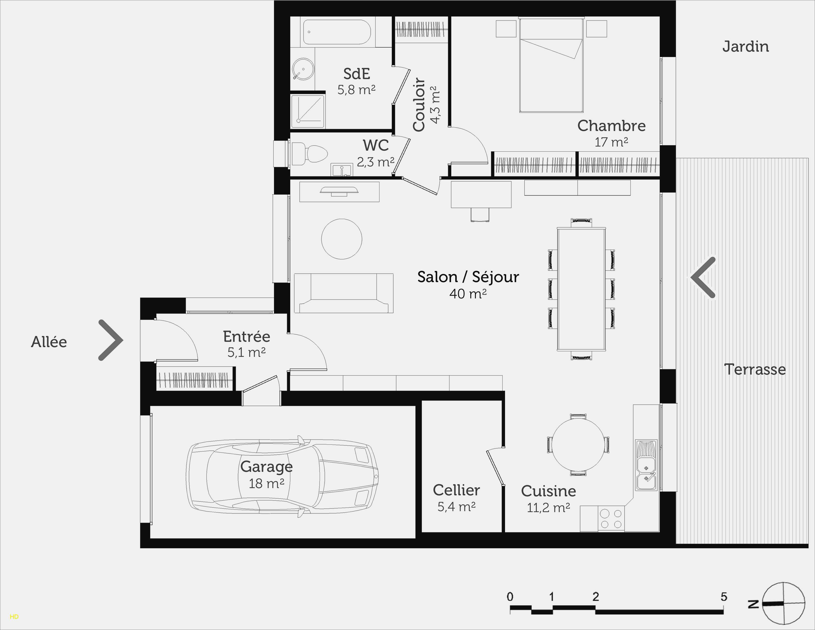 Plan de maison plain pied avec 5 chambres