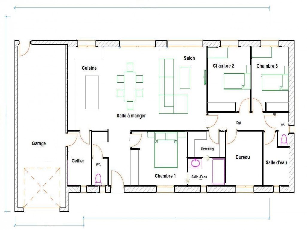 Plan de maison plain pied 4 chambres avec garage