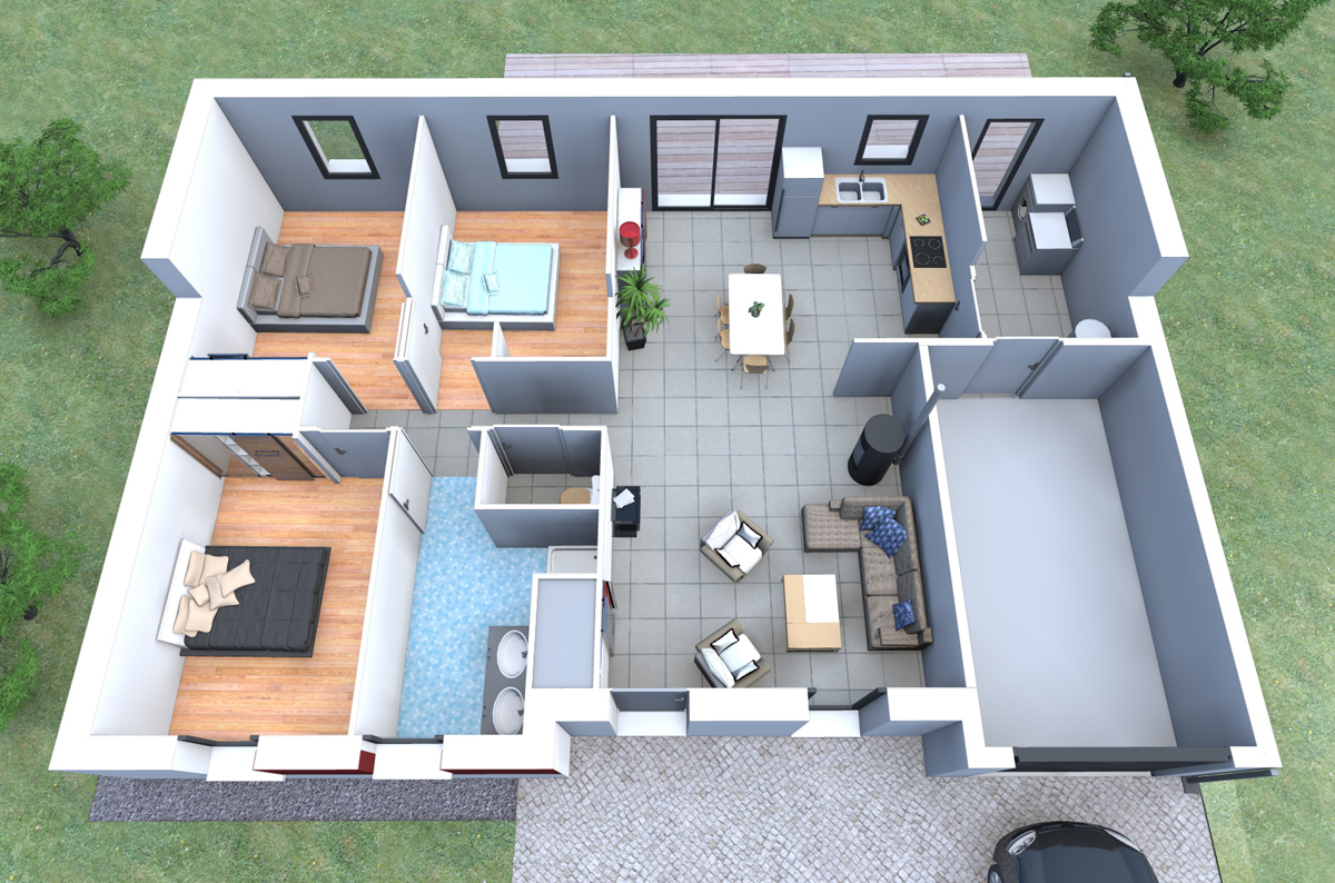 Plan de petite maison plein pied 3d