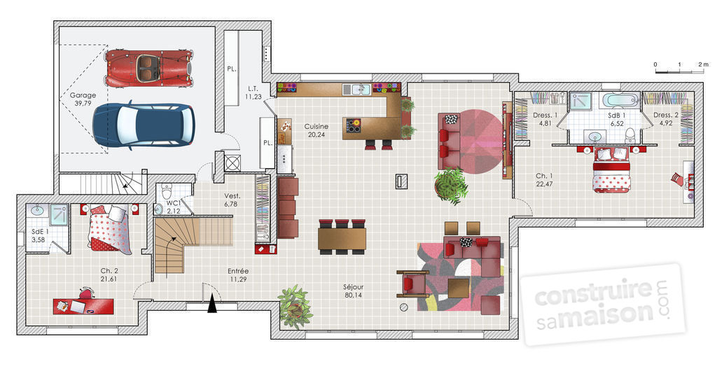 Un plan de grande maison de deux étages avec suite parentale en rez-de-jardin