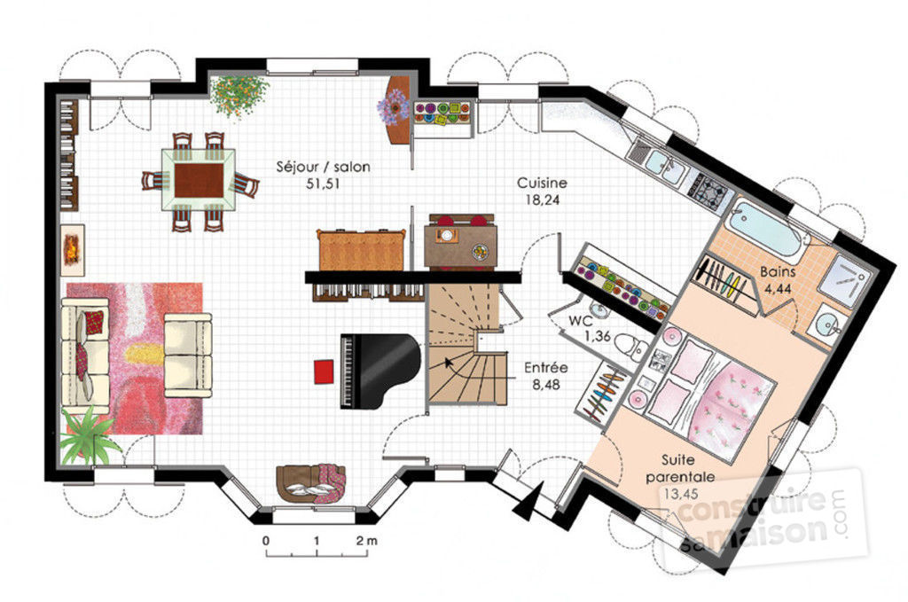 Plan de maison moderne suite parentale 2 chambres