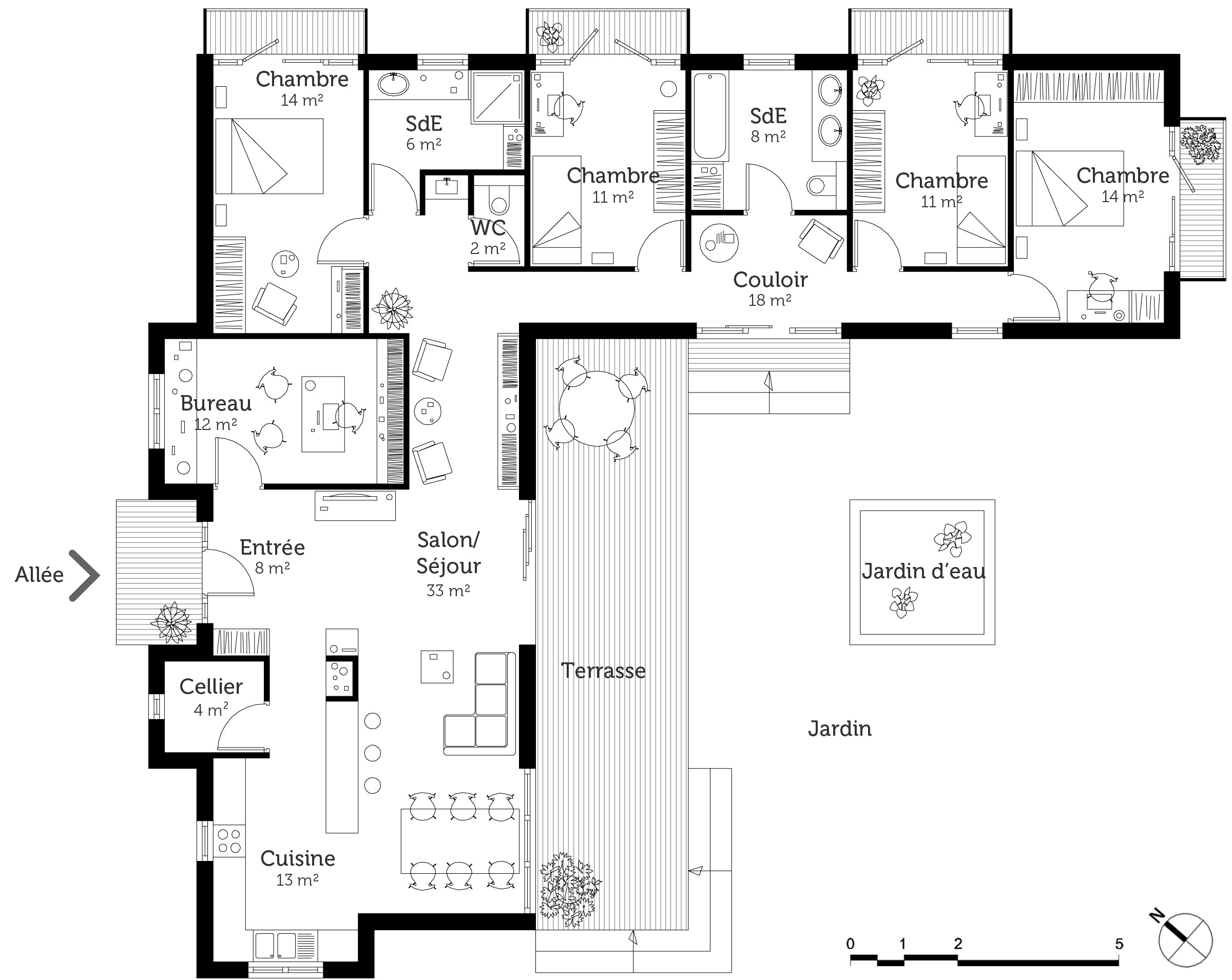 Plan maison plain pied 12m de facade