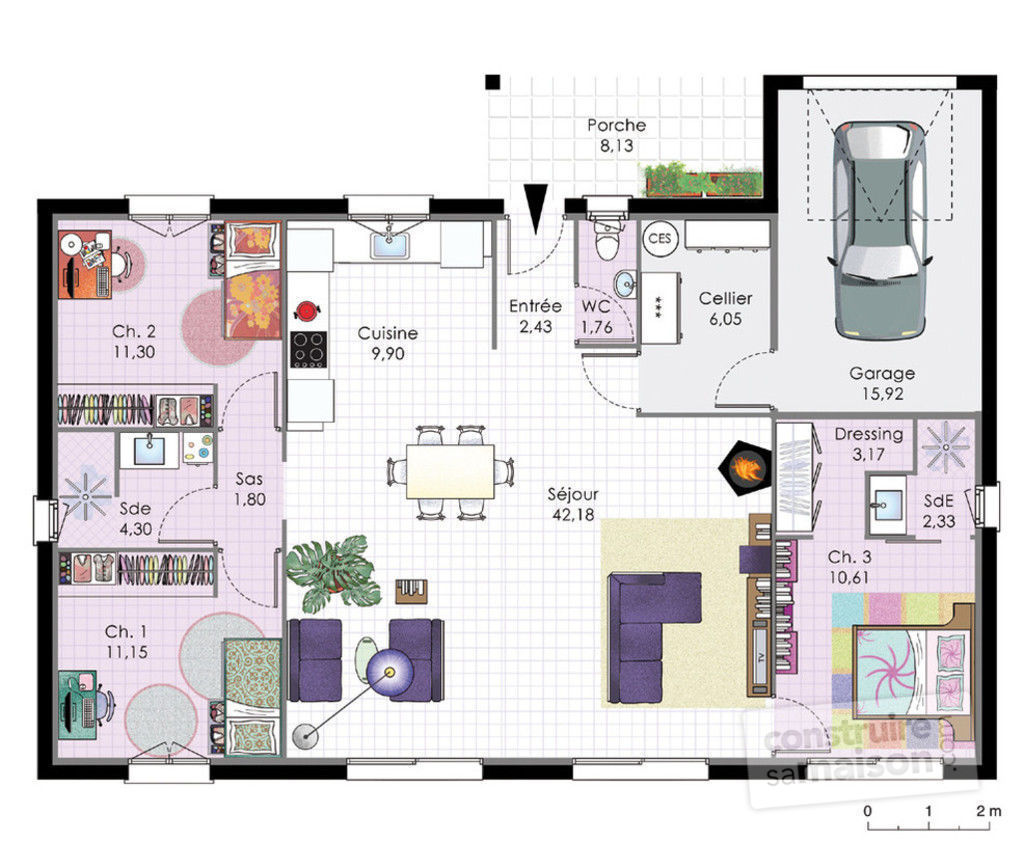Plan maison 2 chambres moderne