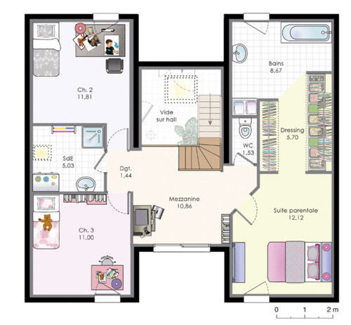 Plan de maison en l avec mezzanine