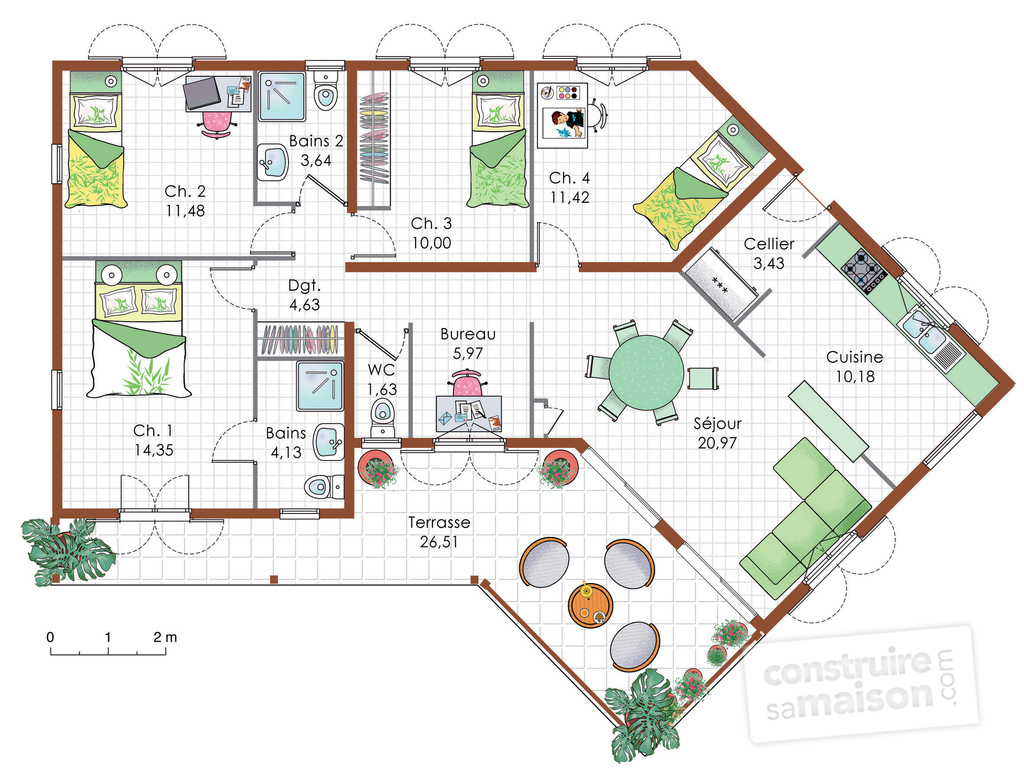 Plan de maison plain pied en y