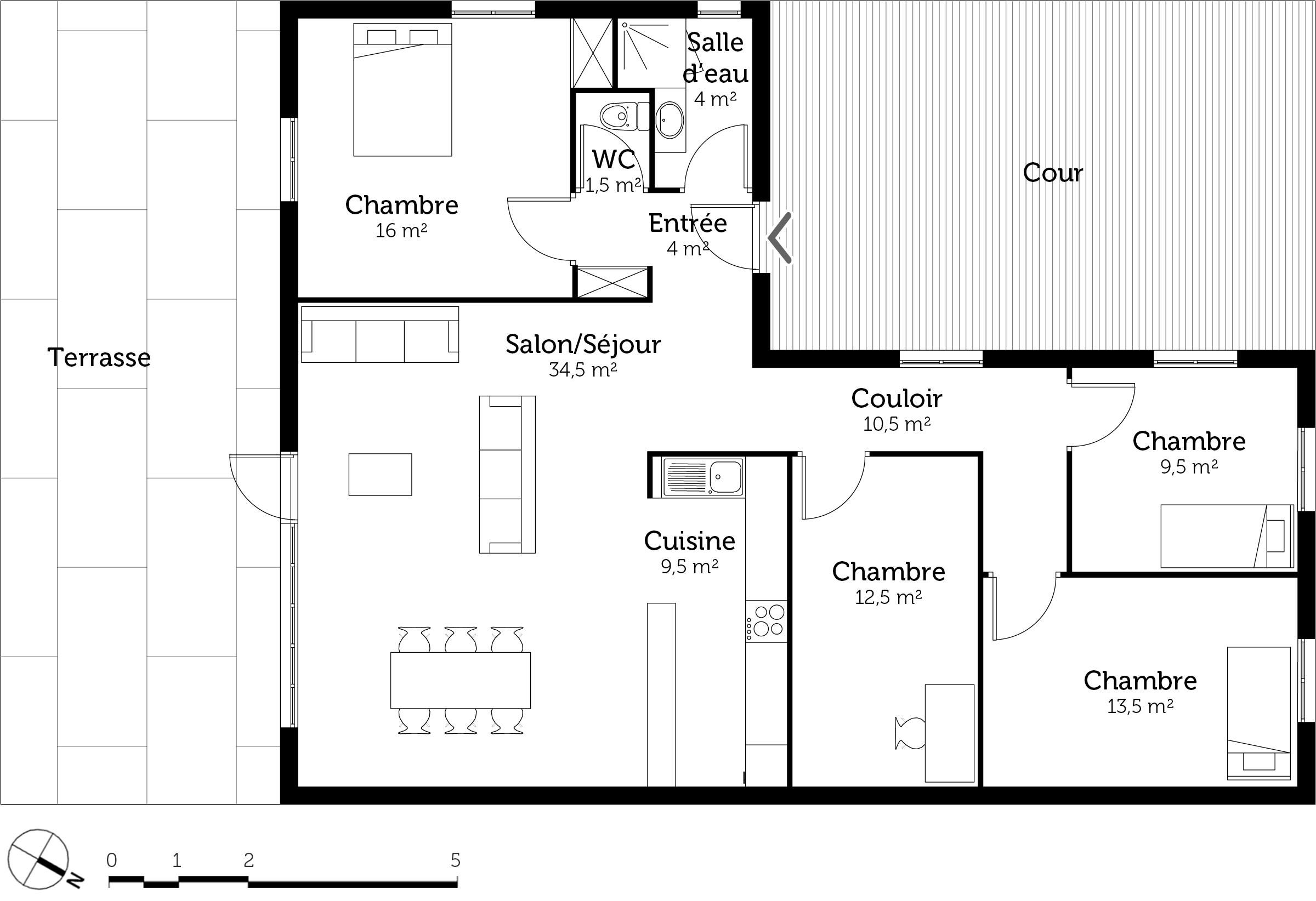 Plan maison plain pied trois chambres