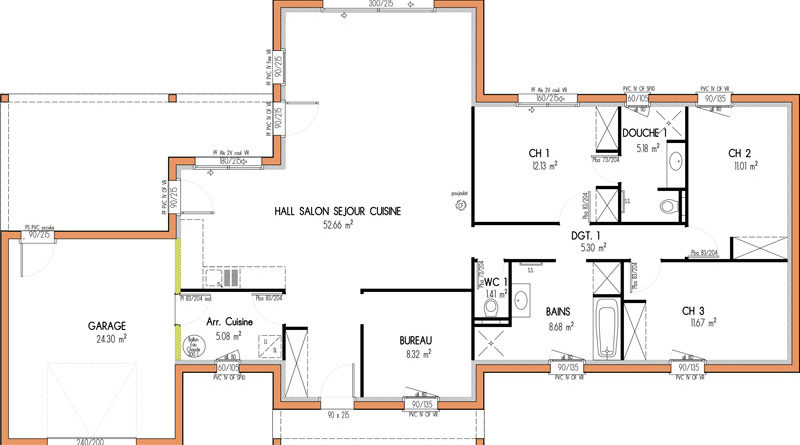 Plan de maison avec 4 chambres et un bureau