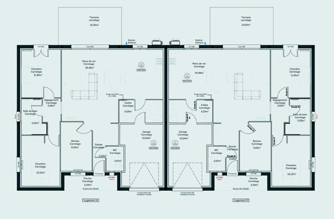 Plan de maison mitoyenne pierre