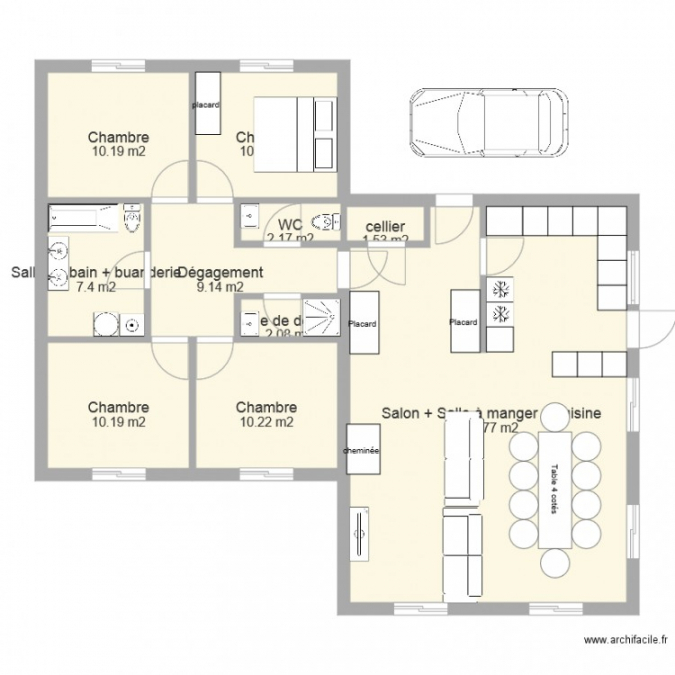 Plan de maison plain pied 4 chambres 100m2
