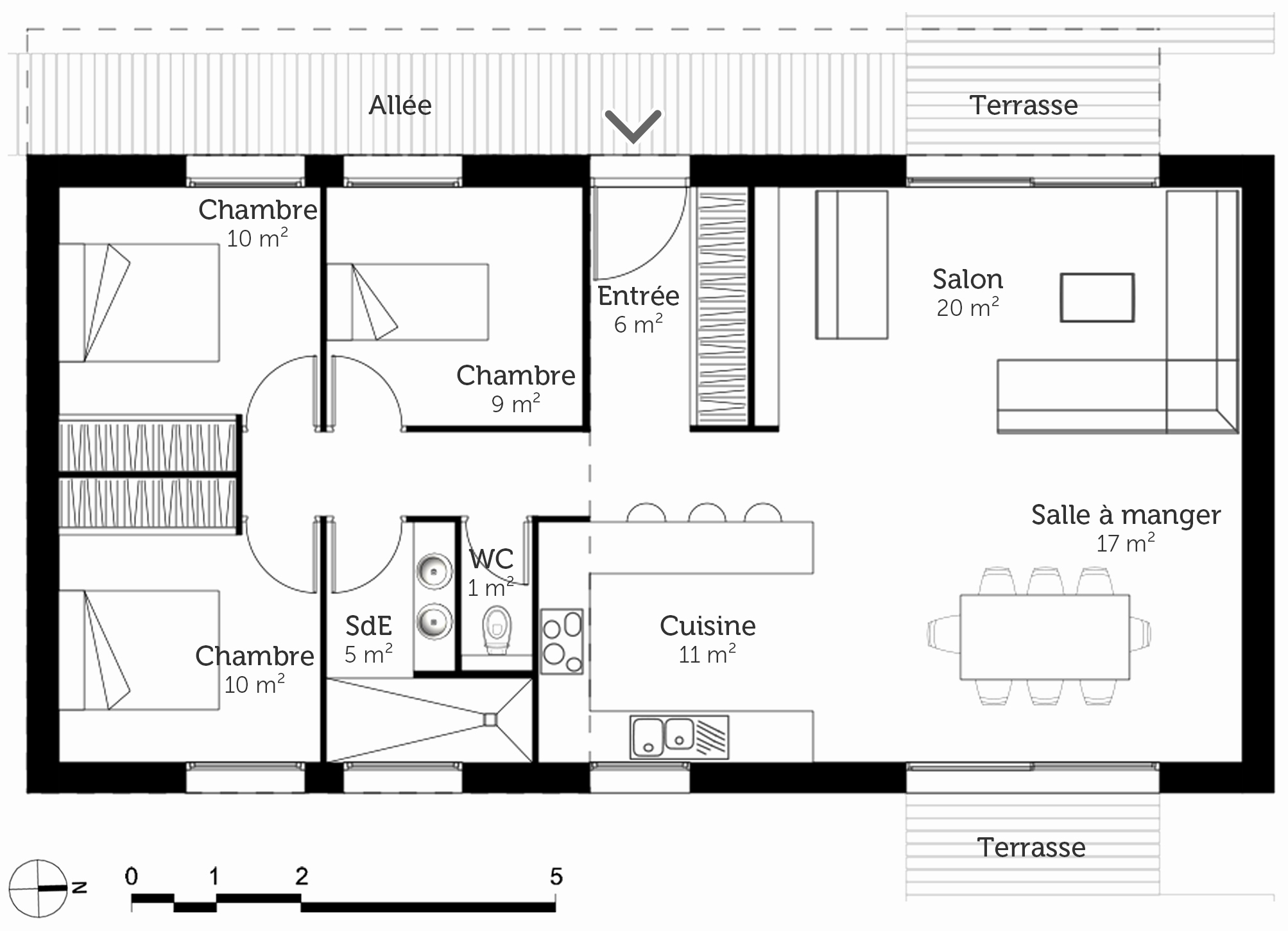 Plan de maison plain pied en u 3 chambres