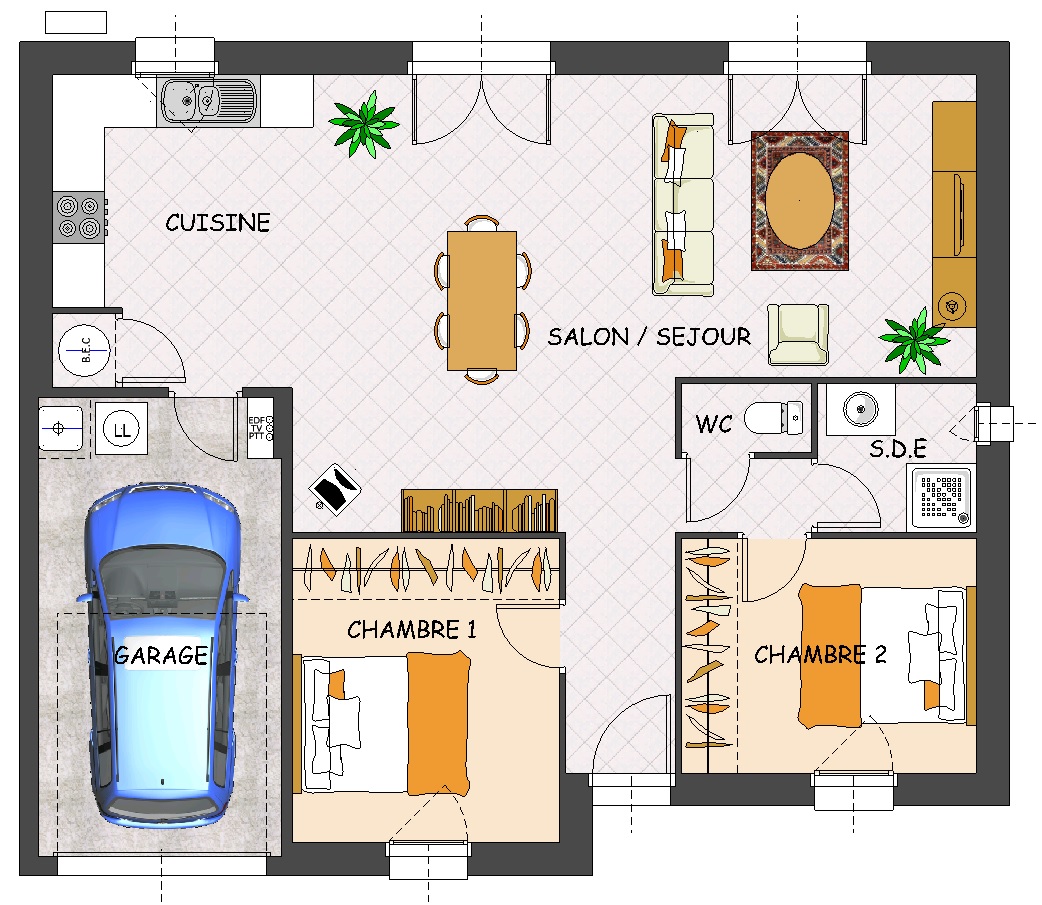 Plan maison plain pied moderne 2 chambres