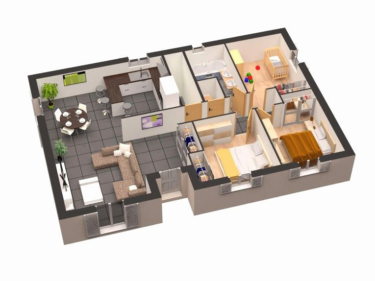 Plan maison 4 chambres plain pied 3d
