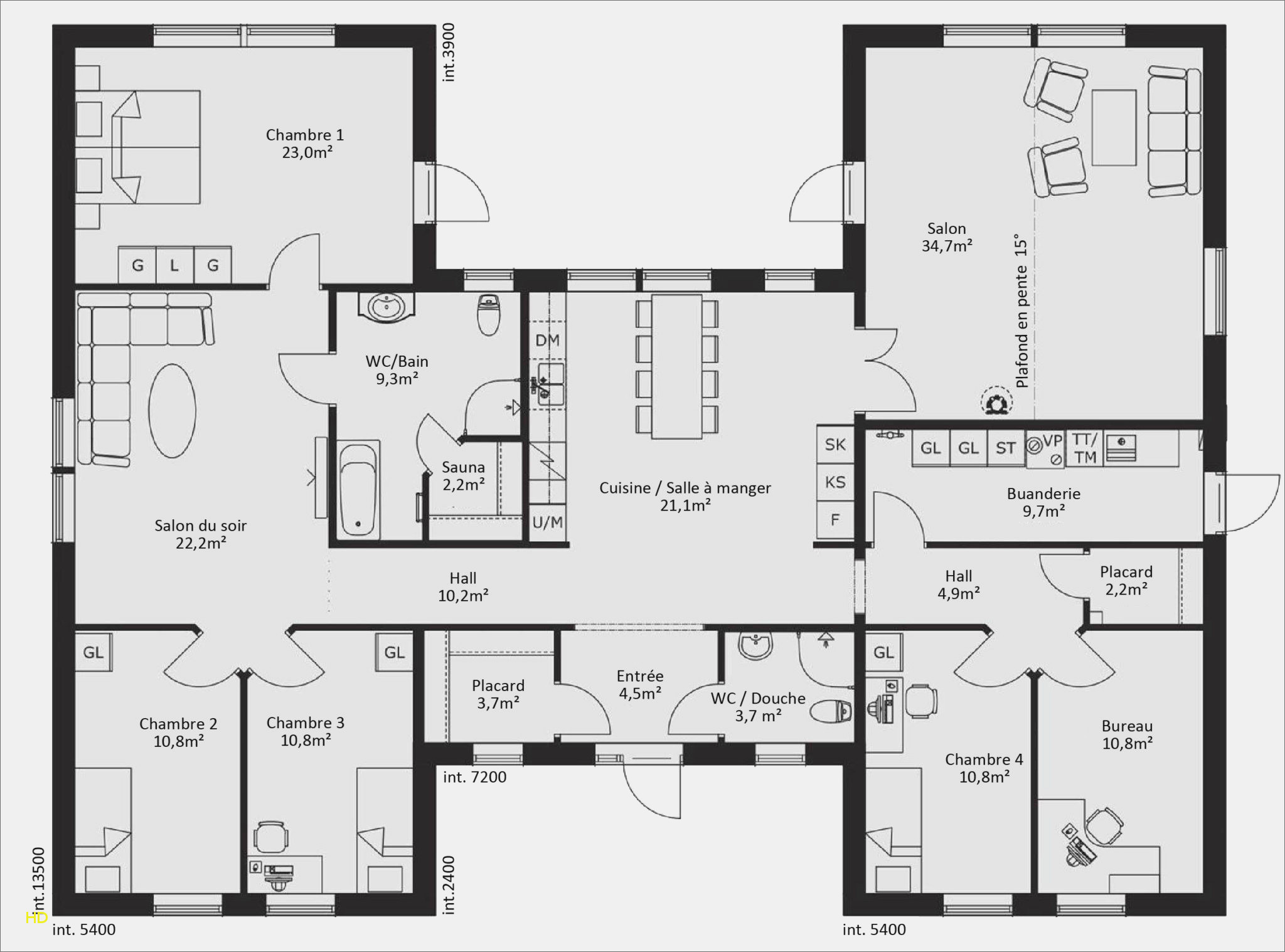 Plan de maison moderne plain pied 4 chambres