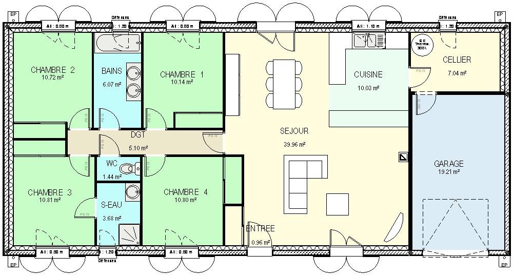 Plan maison plain pied rectangulaire 4 chambres