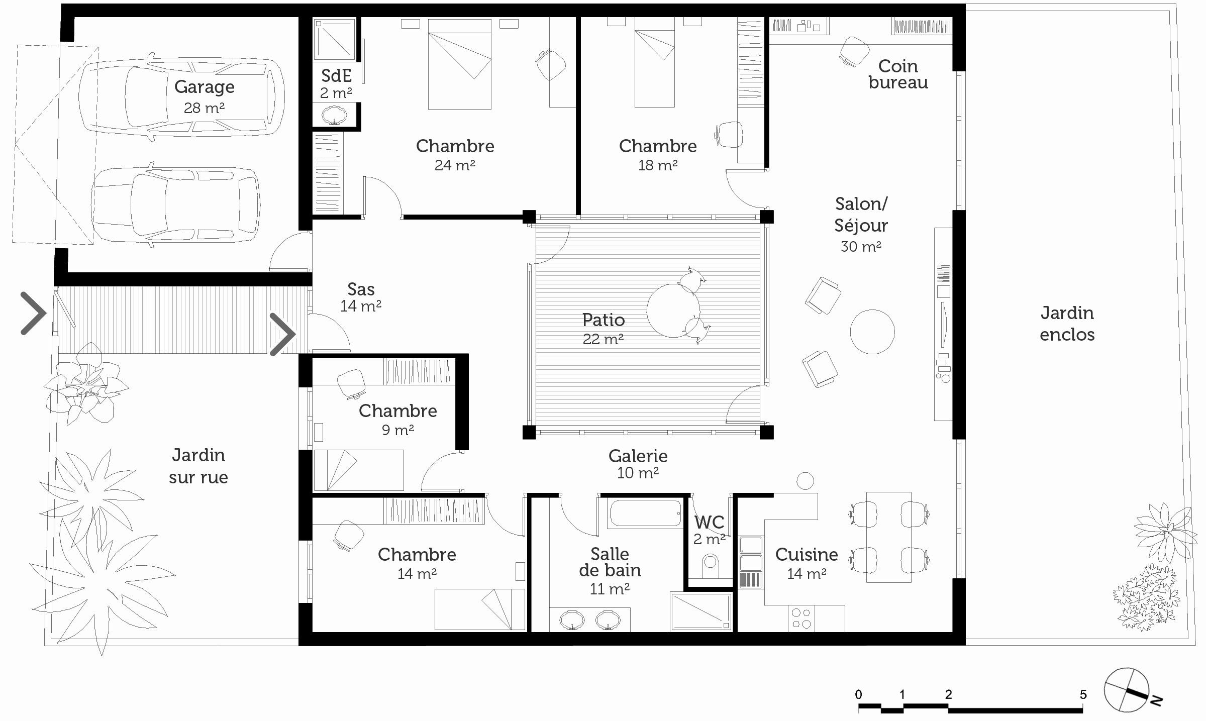 Plan de maison avec 4 chambres et garage