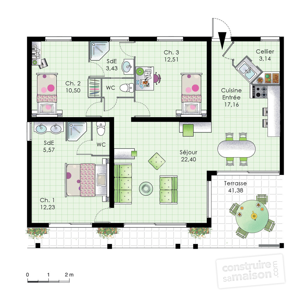 Plan de maison plain pied 3 chambres martinique