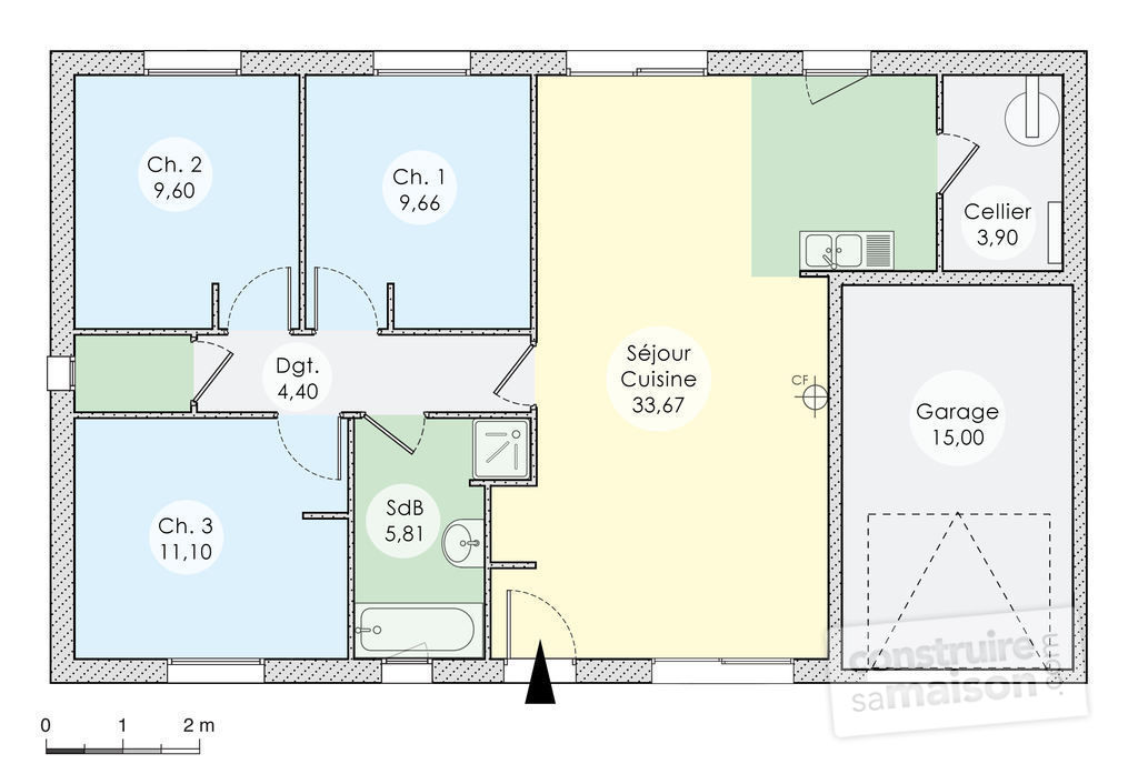Plan de maison plain pied 3 chambres sans garage