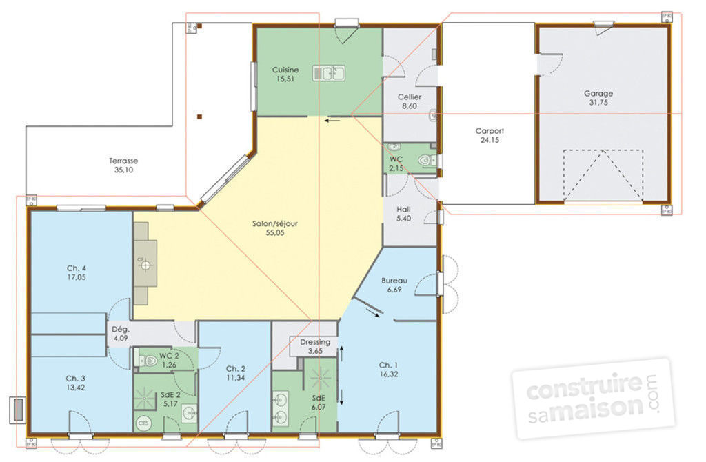 Plan maison de plain pied en l
