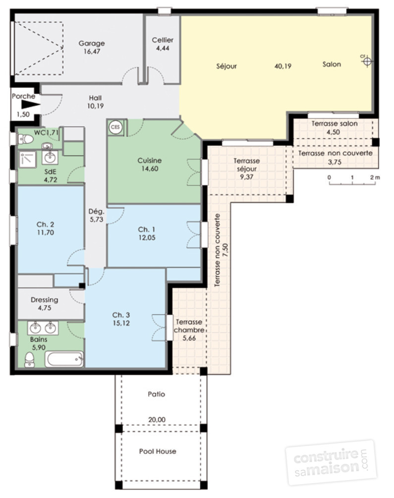 Plan de maison plain pied avec 1 chambre