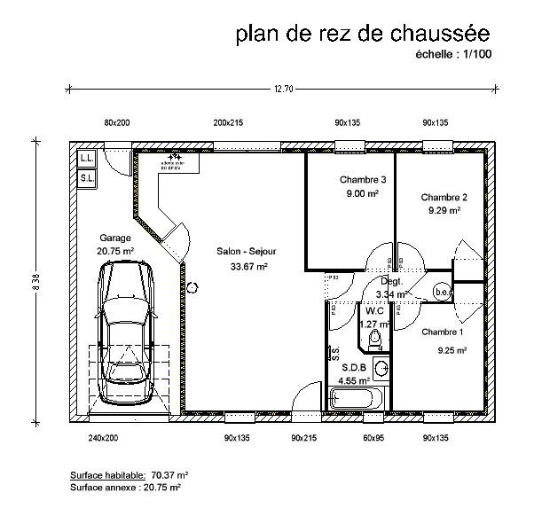 Plan maison plain pied rectangulaire 3 chambres