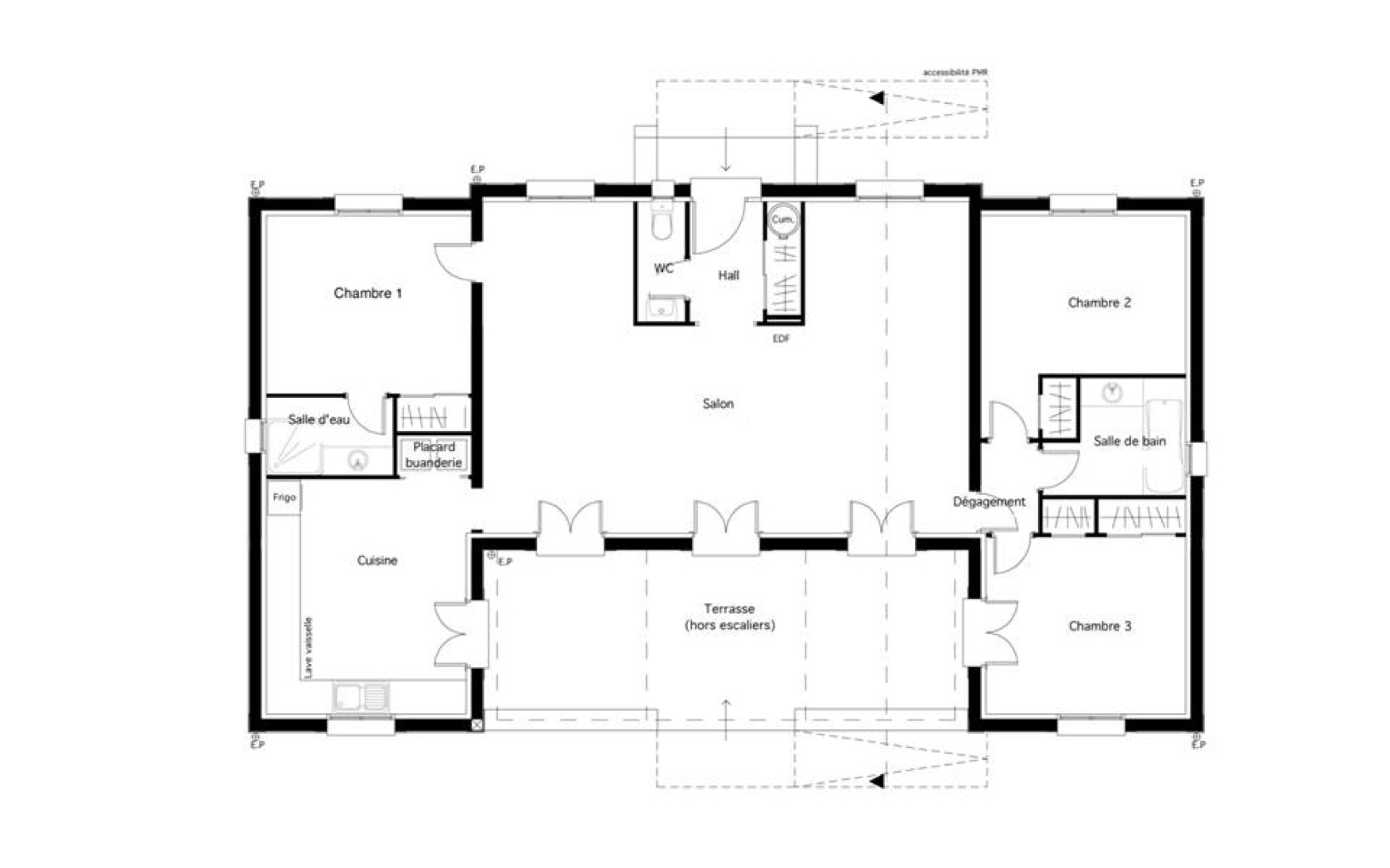 Plan de maison plain pied 3 chambres provencale