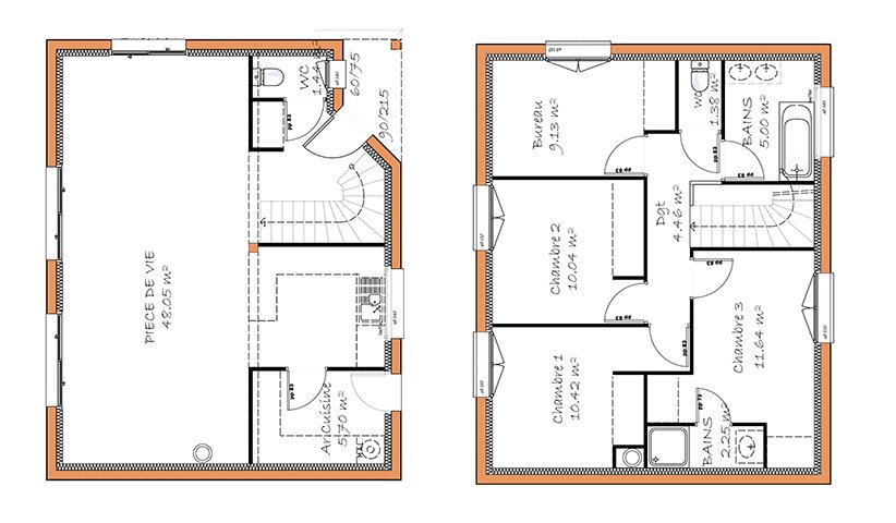 Plan maison 4 chambres 2 salles de bain etage
