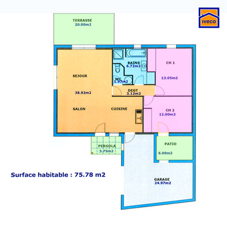 Plan de maison plain pied 75m2