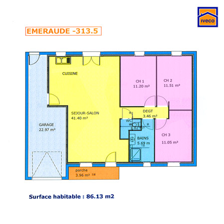 Plan de maison plain pied trois chambres