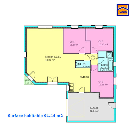 Plan de maison 3 chambres plain pied en l