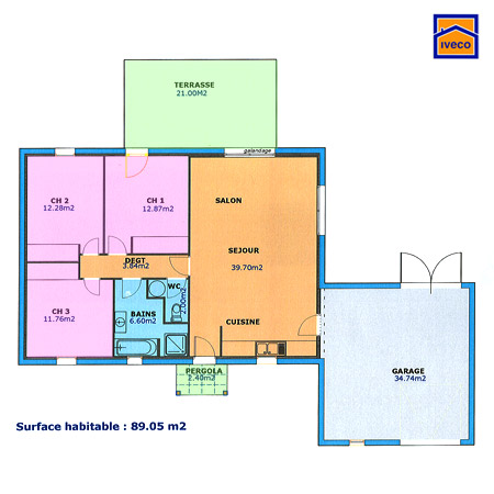 Plan de maison plain pied avec garage et 3 chambres