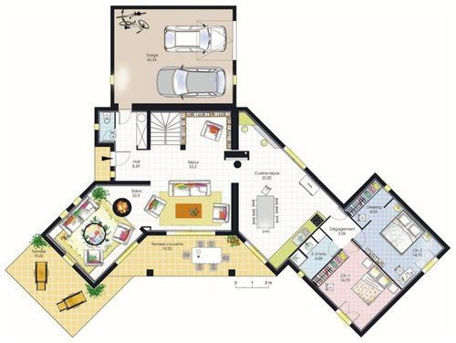 Plan maison contemporaine en v