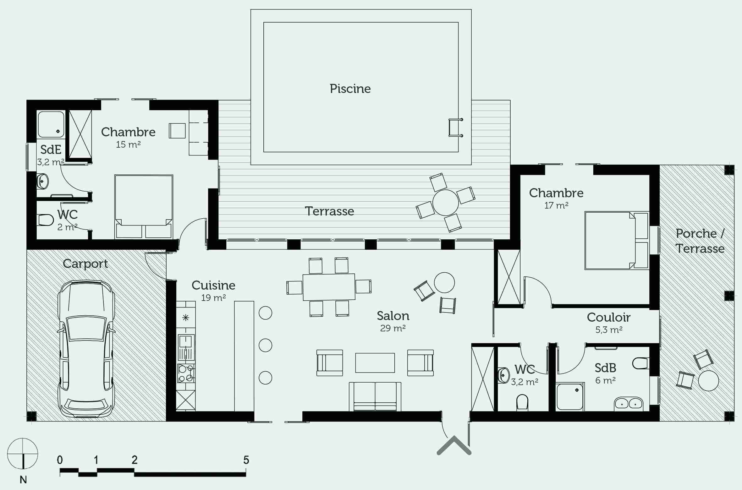 Plan de maison 4 chambres plain pied avec suite parental