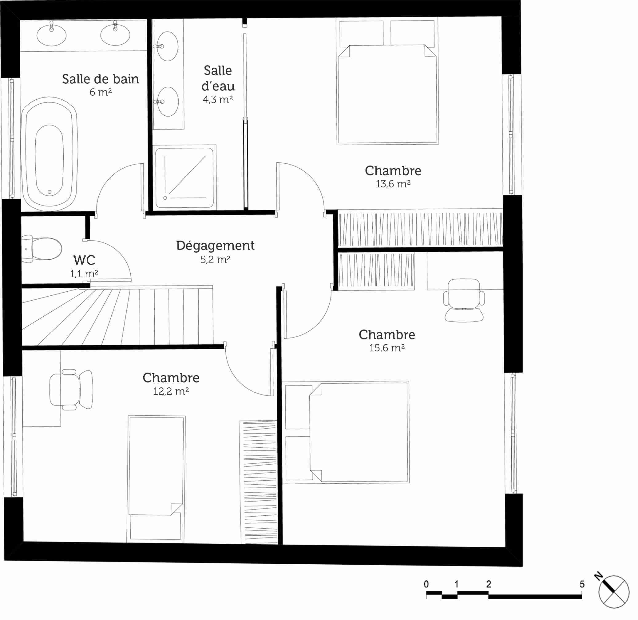 Plan de maison 1 étage 3 chambres