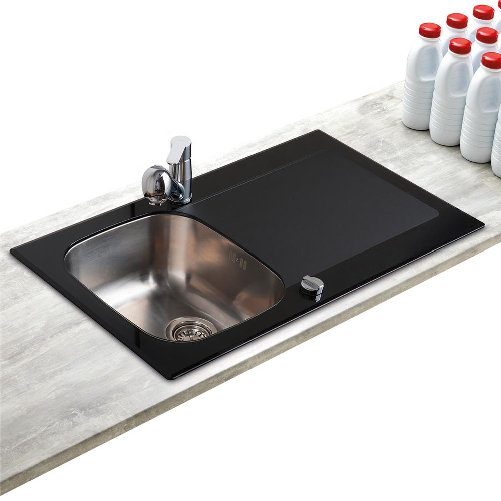 Evier 2 bacs inox et verre noir