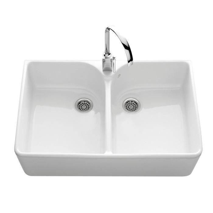 Evier céramique blanc 2 bacs 1 égouttoir