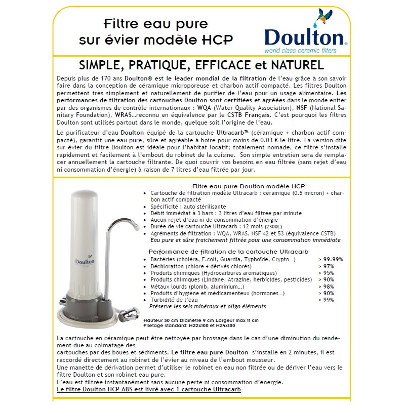Filtre à eau sur évier hcs inox doulton