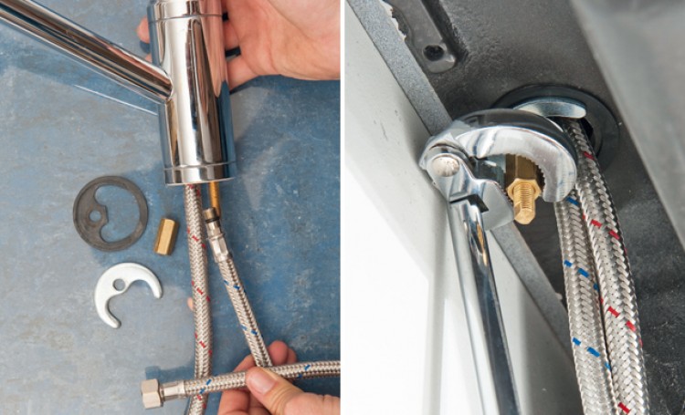 Fixer robinet sur evier inox